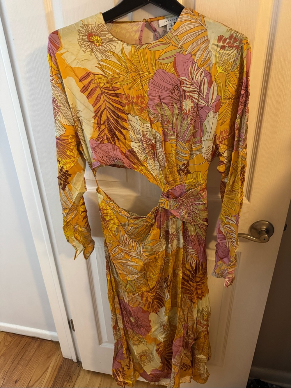 Topshop Mustard Yellow and Pink Floral Long Sleeve Midi Dress